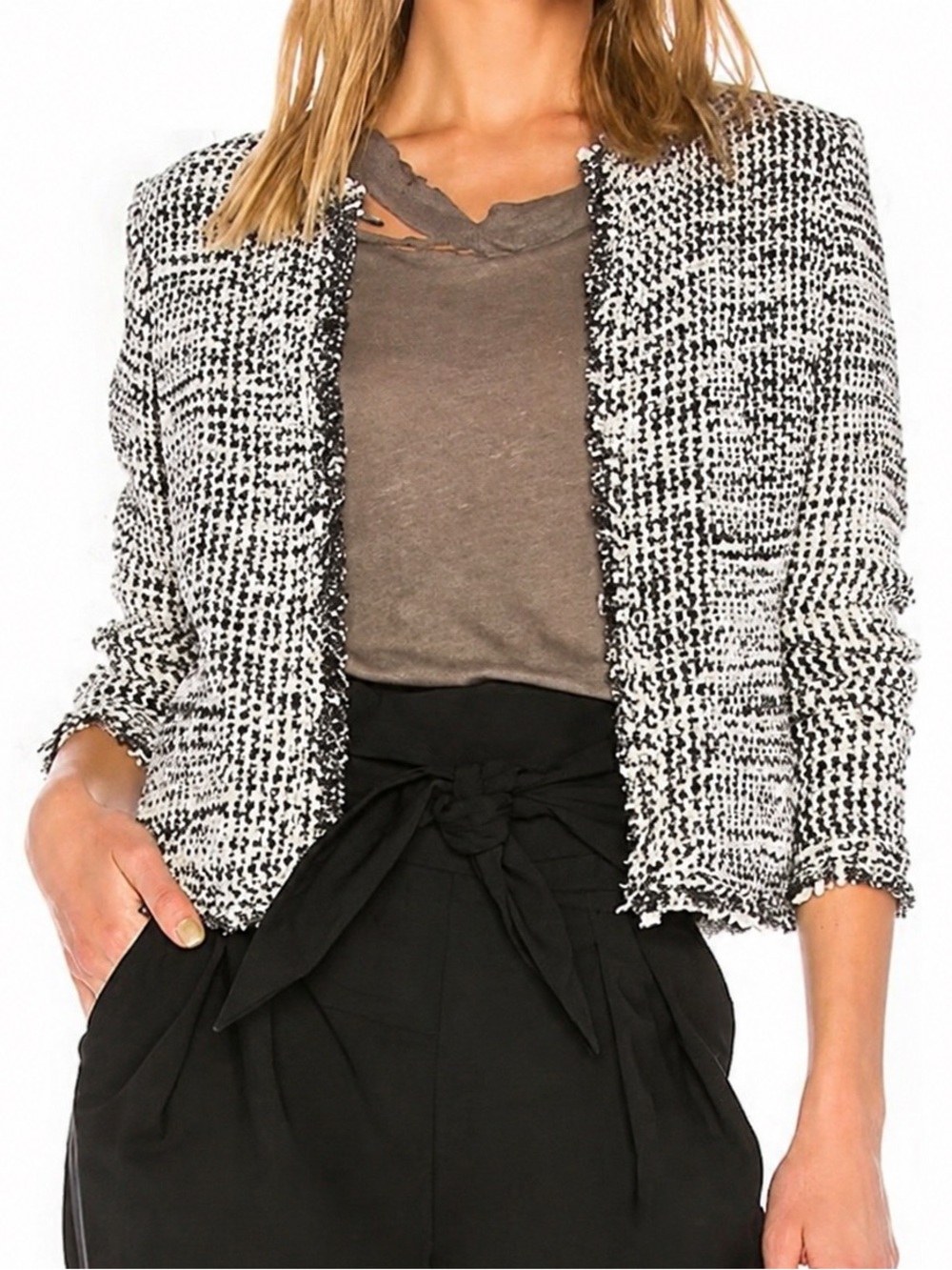 IRO Unplug Metallic Tweed Fringe Jacket Black White Silver FR 42 US 10